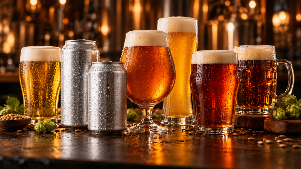 Chilled beer glasses and cans on a bar counter
