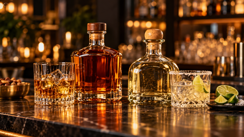 Whiskey and tequila bottles with rocks glasses