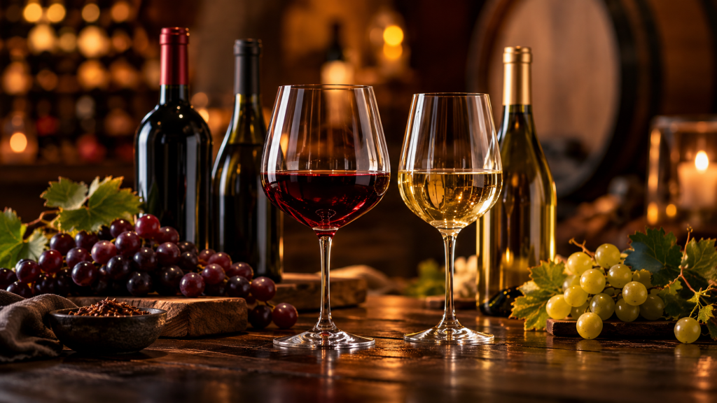 Red and white wine glasses in a warmly lit cellar